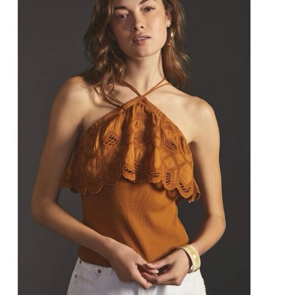 Anthropologie honey Embroidered Ruffled Ribbed Halter Strappy Tank size large - Picture 1 of 6